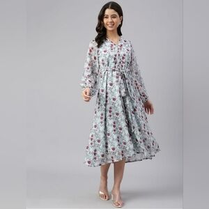 NWT Janasya Indian Women's Sea Green Georgette Floral Print A-Line Western Dress